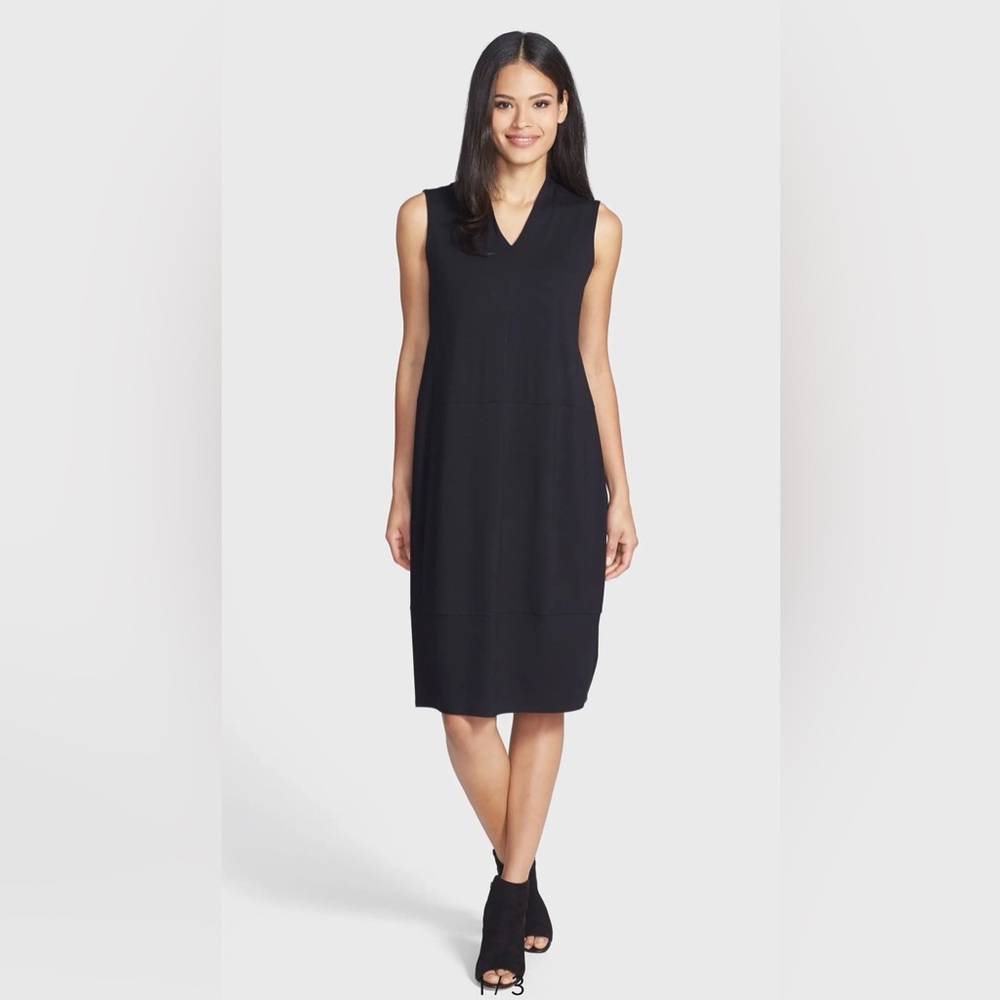 Eileen Fisher V-Neck Jersey Lantern Black Dress Sz Xs Classiccore Minimalist